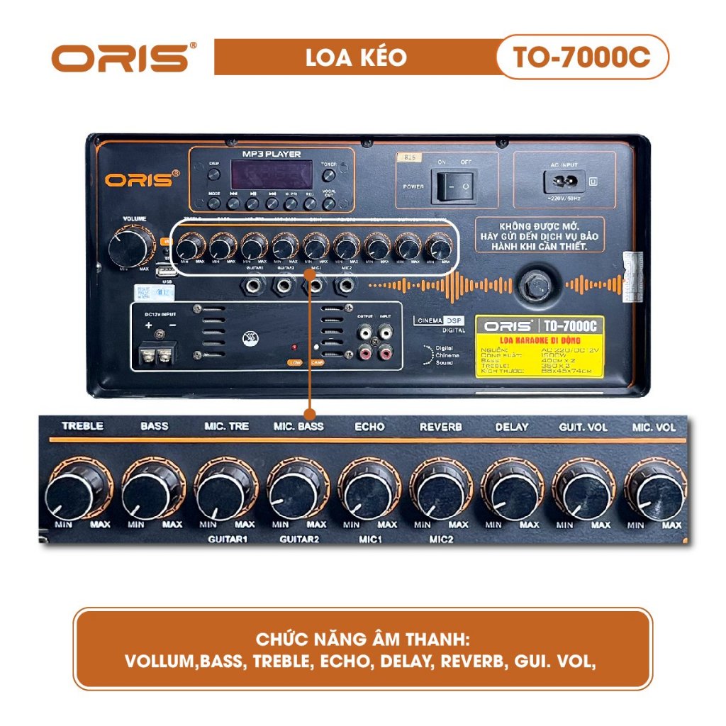 Loa karaoke di động chính hãng ORIS T0-7000C công suất 1500W, loa kéo kèm 02 mic sóng UHF cao cấp - ORIS Profesional