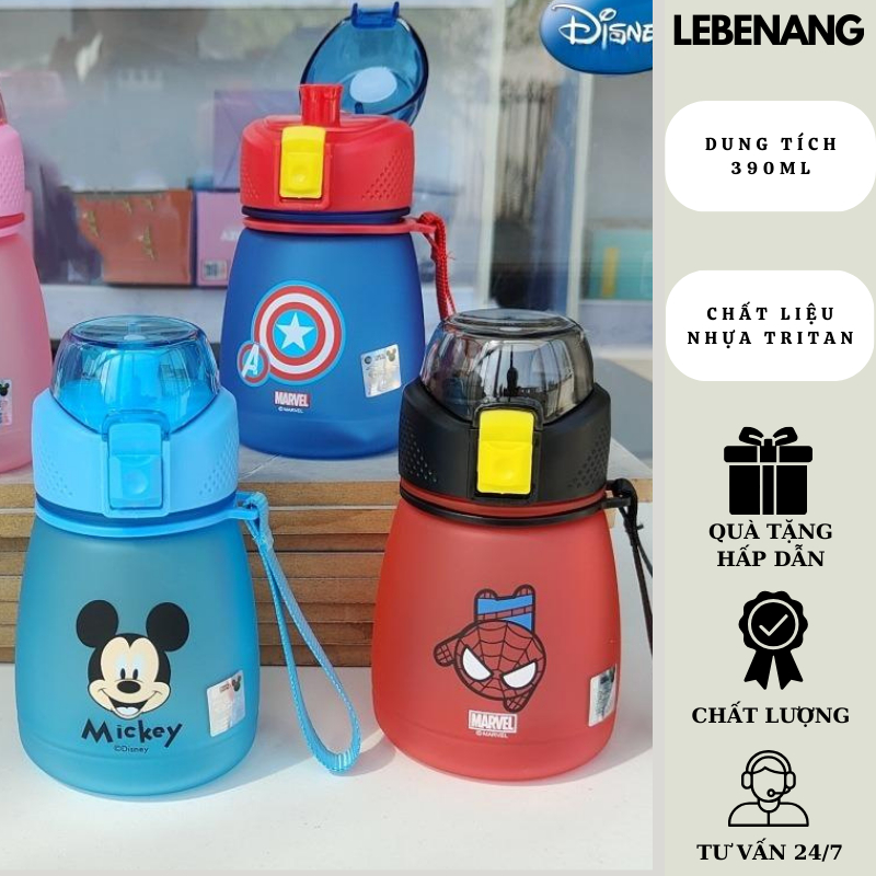 Bình nước cute nắp kín Disney 390ml, ly nhựa tritan cho bé kèm ống hút và dây treo Lebenang