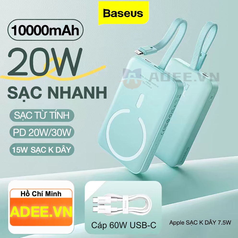 Sạc Dự Phòng Không Dây Baseus 10000mAh PD 20/30W, Sạc không dây từ tính Max 15W Dành cho 12/13/14....