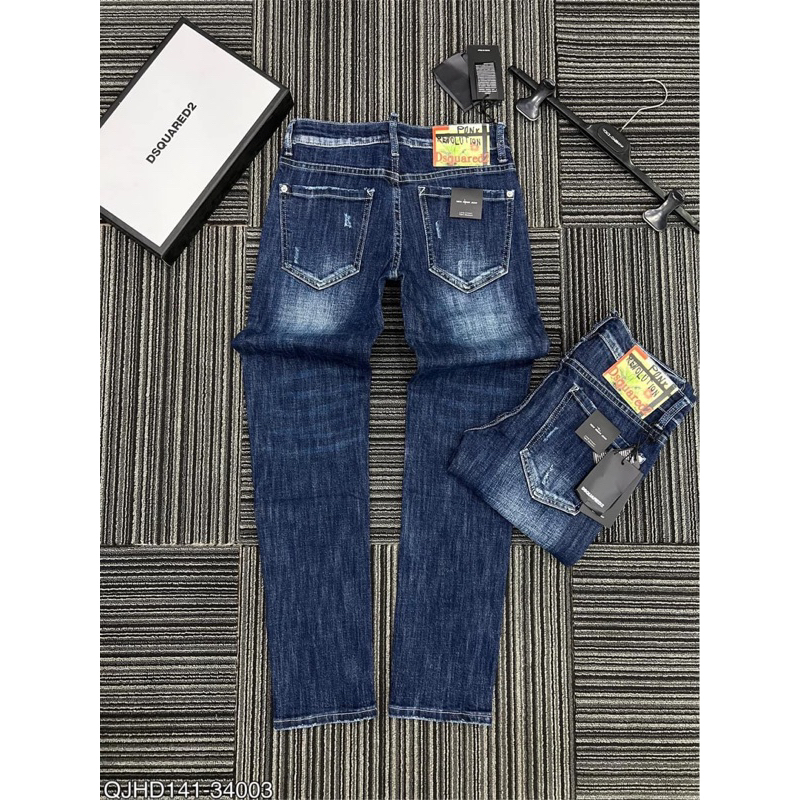 Quần jean bò nam DSQ2 biker slimfit,Quần jean bò nam  xanh trơn thêu 2 khoá zip dọc eo phối mài xước đơn giản MS 10