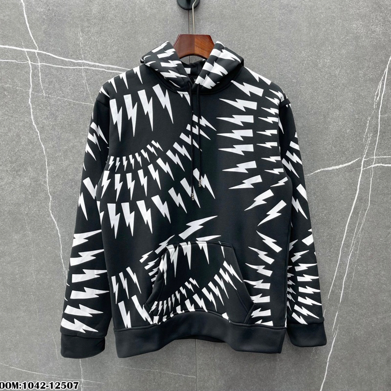 Áo hoodie nam nữ Neil Barrett nỉ bông in hoạ tiết hình tia sét trắng quanh áo dày dặn siêu hot thời trang cao cấp