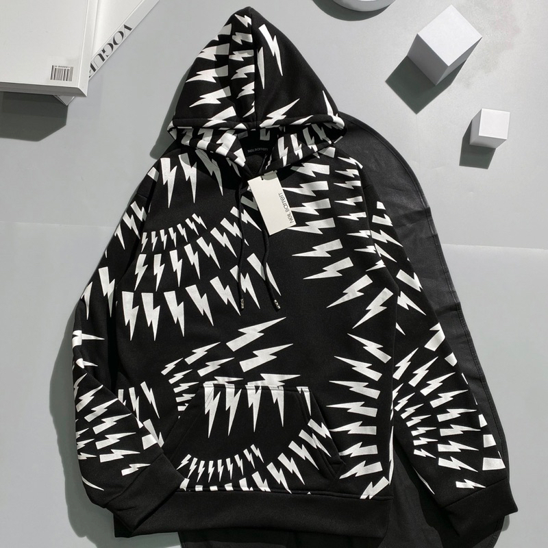 Áo hoodie nam nữ Neil Barrett nỉ bông in hoạ tiết hình tia sét trắng quanh áo dày dặn siêu hot thời trang cao cấp