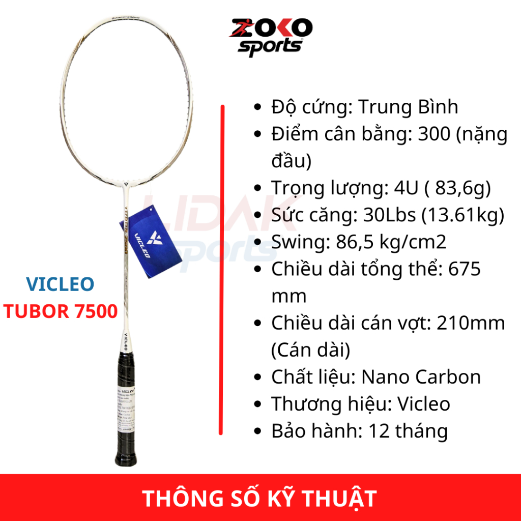 Vợt cầu lông Vicleo Tubor 7500 mức căng 10kg, 11kg màu trắng khung carbon chính hãng
