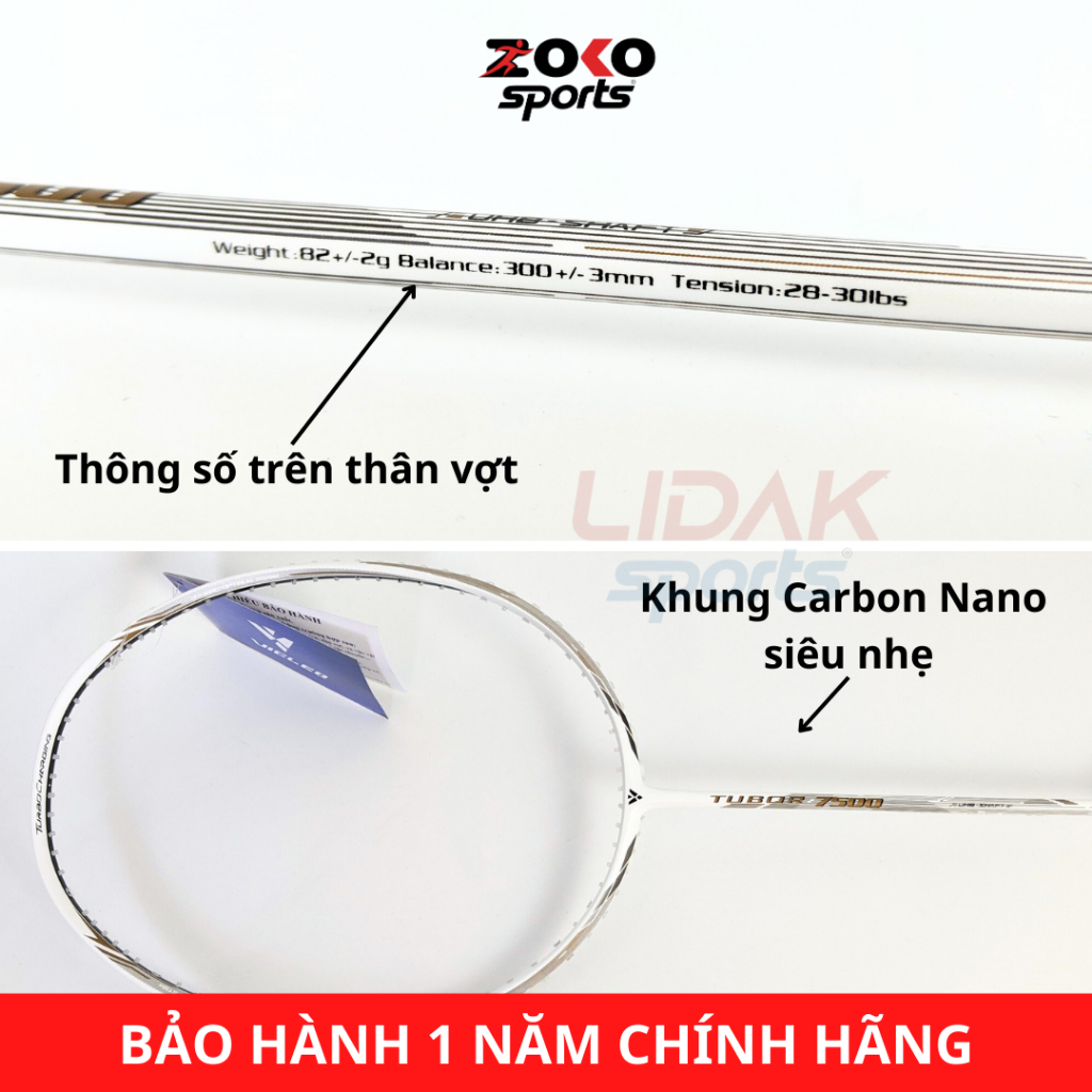 Vợt cầu lông Vicleo Tubor 7500 mức căng 10kg, 11kg màu trắng khung carbon chính hãng