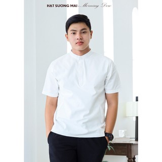 Áo cổ trụ linen tưng màu trắng - Cho Bố