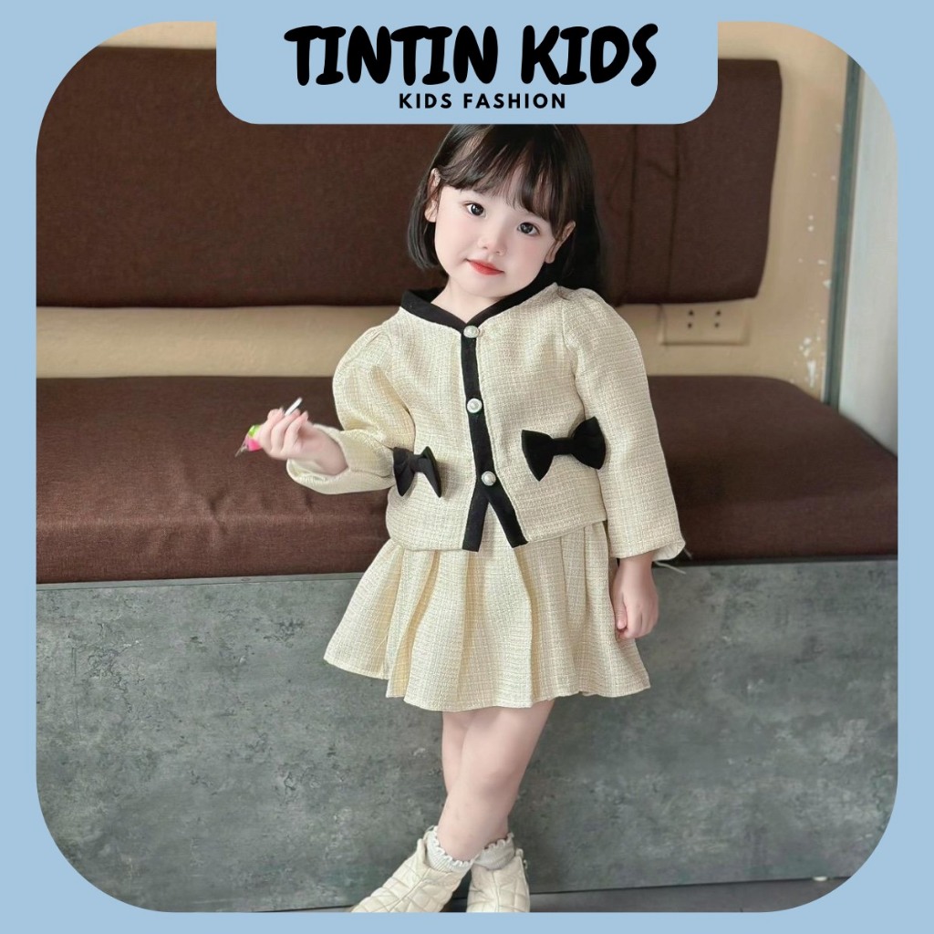 Sét váy dạ nơ xinh 2 màu QCCC loại 1 cho bé gái, bộ đồ cho bé 7-17kg