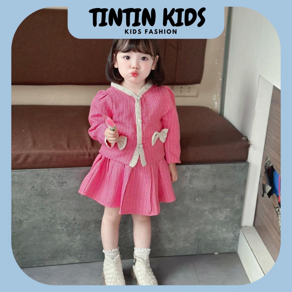 Sét váy dạ nơ xinh 2 màu QCCC loại 1 cho bé gái, bộ đồ cho bé 7-17kg