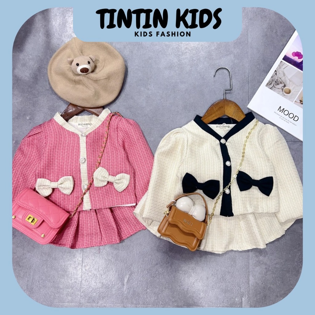 Sét váy dạ nơ xinh 2 màu QCCC loại 1 cho bé gái, bộ đồ cho bé 7-17kg