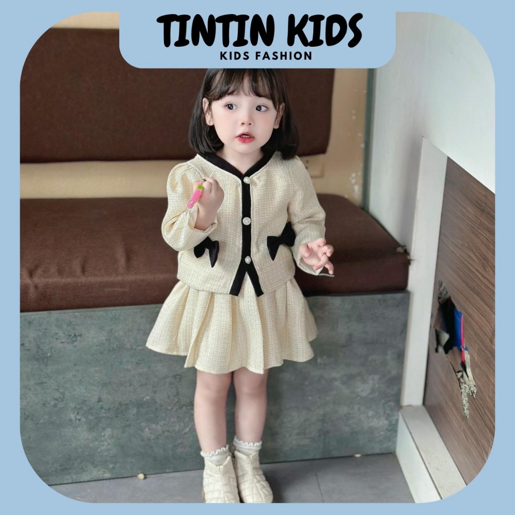 Sét váy dạ nơ xinh 2 màu QCCC loại 1 cho bé gái, bộ đồ cho bé 7-17kg