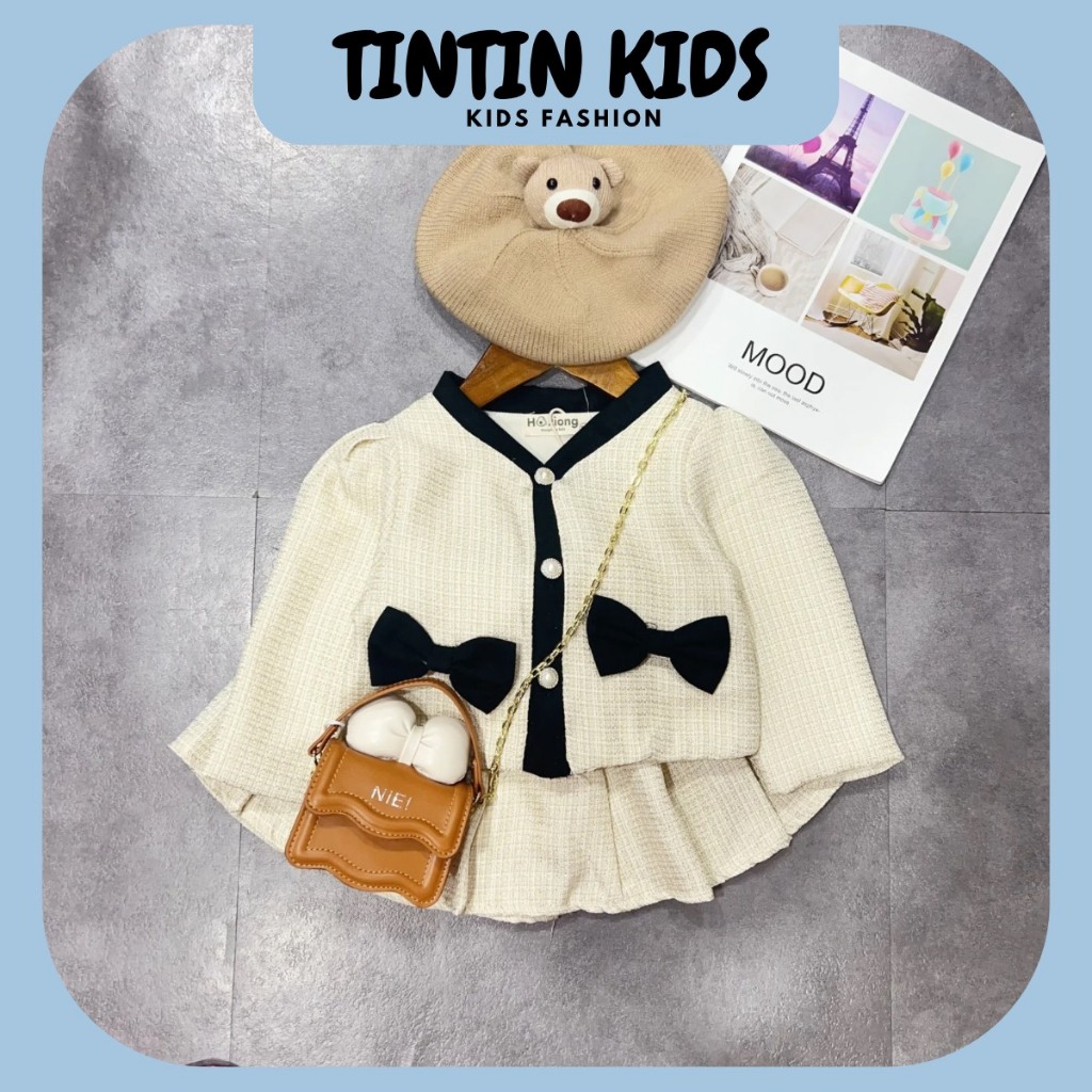 Sét váy dạ nơ xinh 2 màu QCCC loại 1 cho bé gái, bộ đồ cho bé 7-17kg