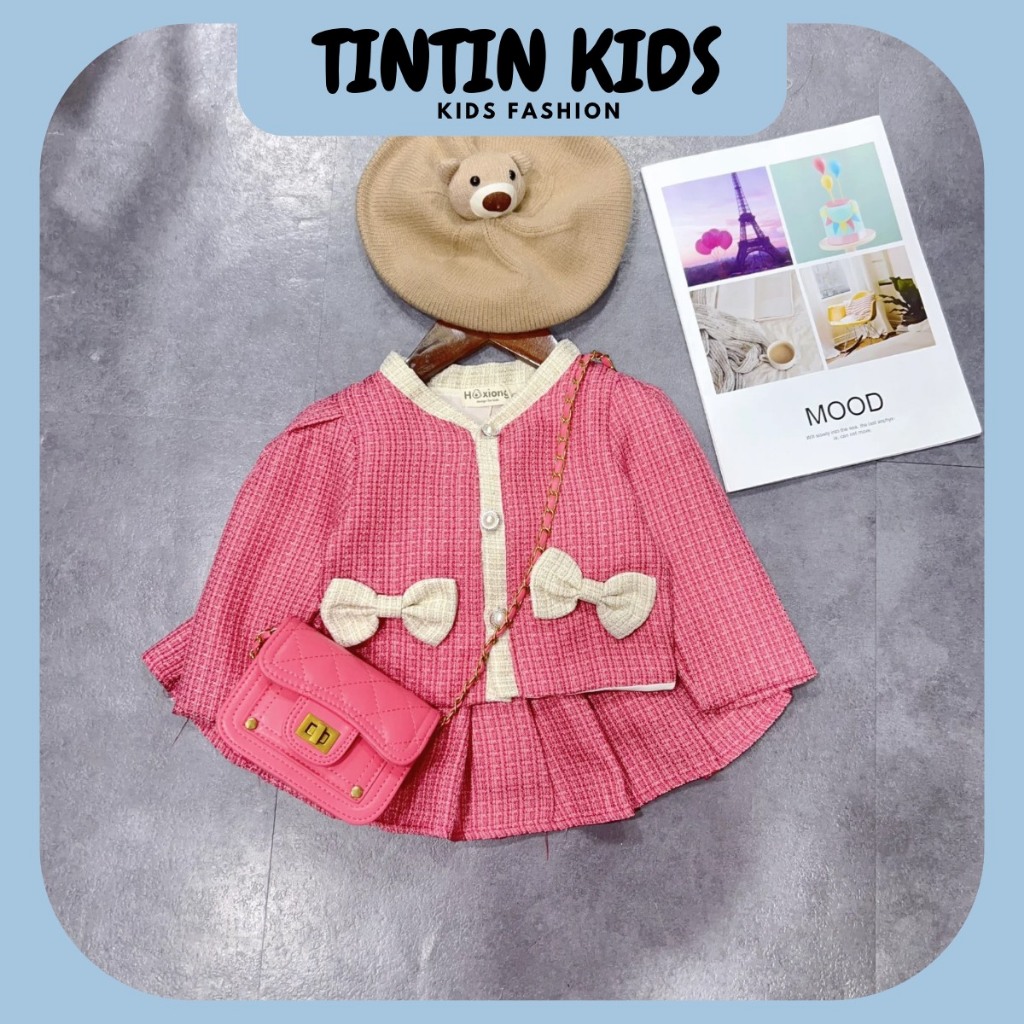 Sét váy dạ nơ xinh 2 màu QCCC loại 1 cho bé gái, bộ đồ cho bé 7-17kg