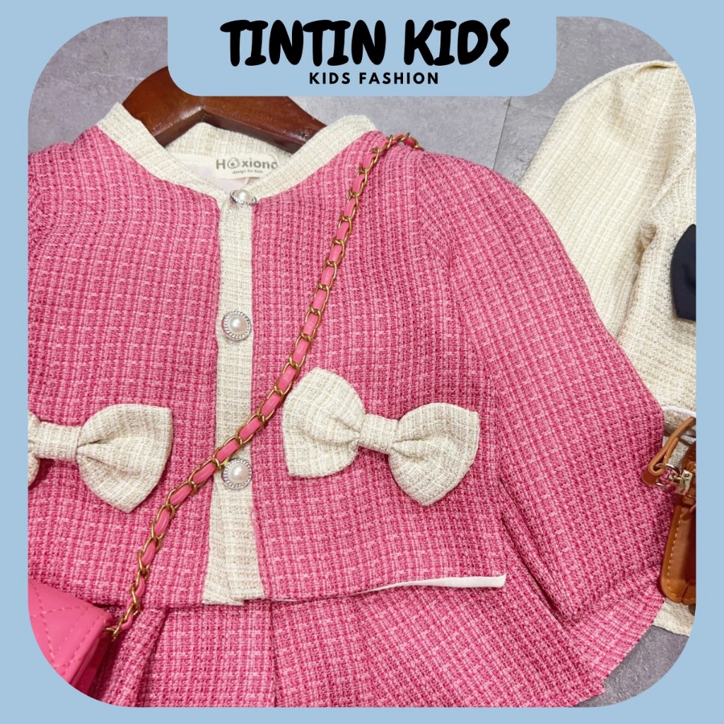 Sét váy dạ nơ xinh 2 màu QCCC loại 1 cho bé gái, bộ đồ cho bé 7-17kg