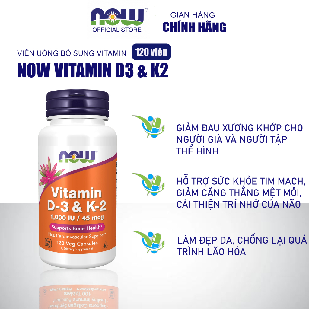 Viên uống D3 K2 1000 IU 45 mcg Now của Mỹ hỗ trợ cho xương chắc khỏe lọ 120 viên