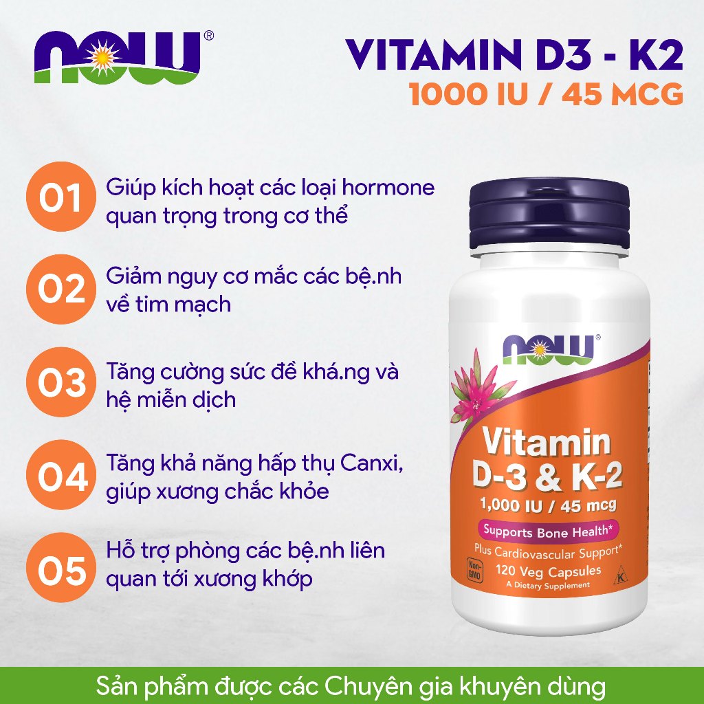 Viên uống D3 K2 1000 IU 45 mcg Now của Mỹ hỗ trợ cho xương chắc khỏe lọ 120 viên