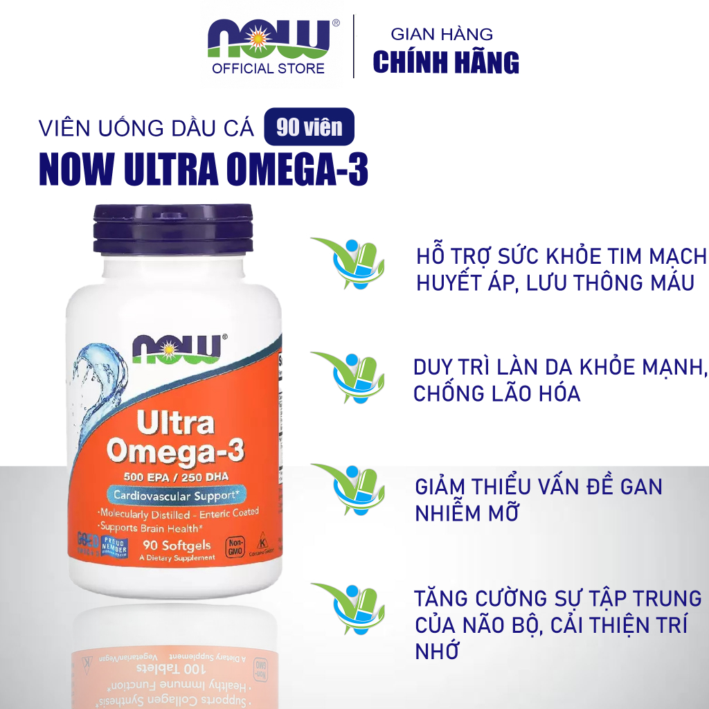 Dầu cá Now Ultra Omega-3 500 EPA/250 DHA bổ mắt tăng đề kháng lọ 90 viên