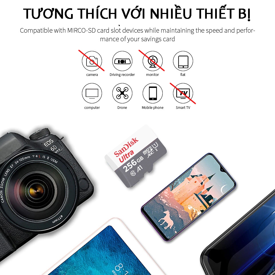 Thẻ nhớ MicroSDHC 512GB/256GB/128GB 100MB/s Tương thích với điện thoại di động Android, ios, máy chơi game
