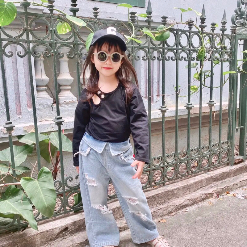 Sét áo cotton mix quần bò ống suông cho bé, chất vải mềm