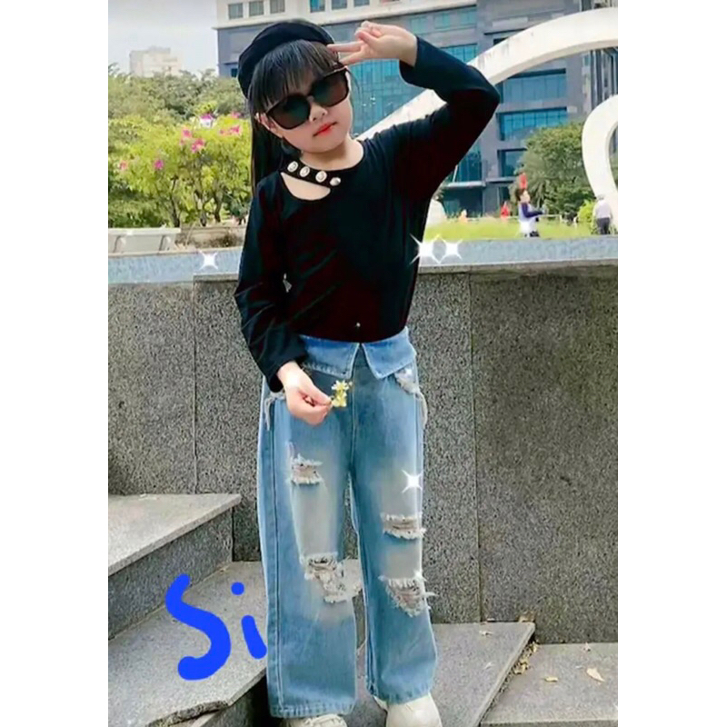 Sét áo cotton mix quần bò ống suông cho bé, chất vải mềm