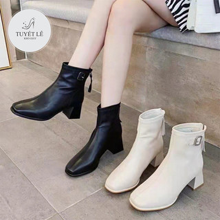 Bốt lửng nữ gót cao 6p- B081 - Bốt da mềm mịn khóa cổ chân tôn dáng