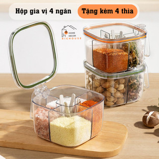 Hộp đựng gia vị 4 ngăn trong suốt kín khí , chống ẩm ướt, Hũ gia vị chia ngăn có nắp đậy kèm thìa
