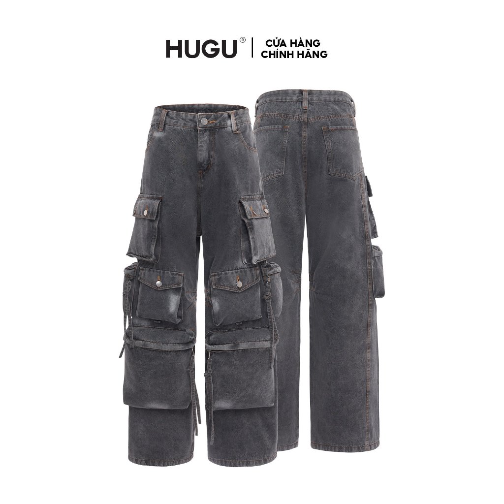 Quần jeans unisex màu xám local brand HUGU - KENJA - chất liệu denim, form rộng, wash vải, túi hộp, nút kim loại