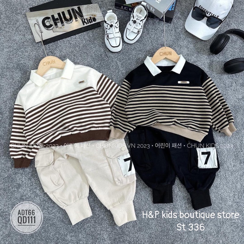 Sét bộ quần áo bé trai dài tay thu đông phối quần kaki dài mềm
