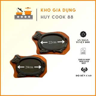 Chảo Gang Chống Dính Đầu Bò Cỡ Lớn Kèm Đế Gỗ HUYCOOK88, Chảo Bò Né Đế Lót Gỗ Chống Dính Làm Bít Tết Các Loại