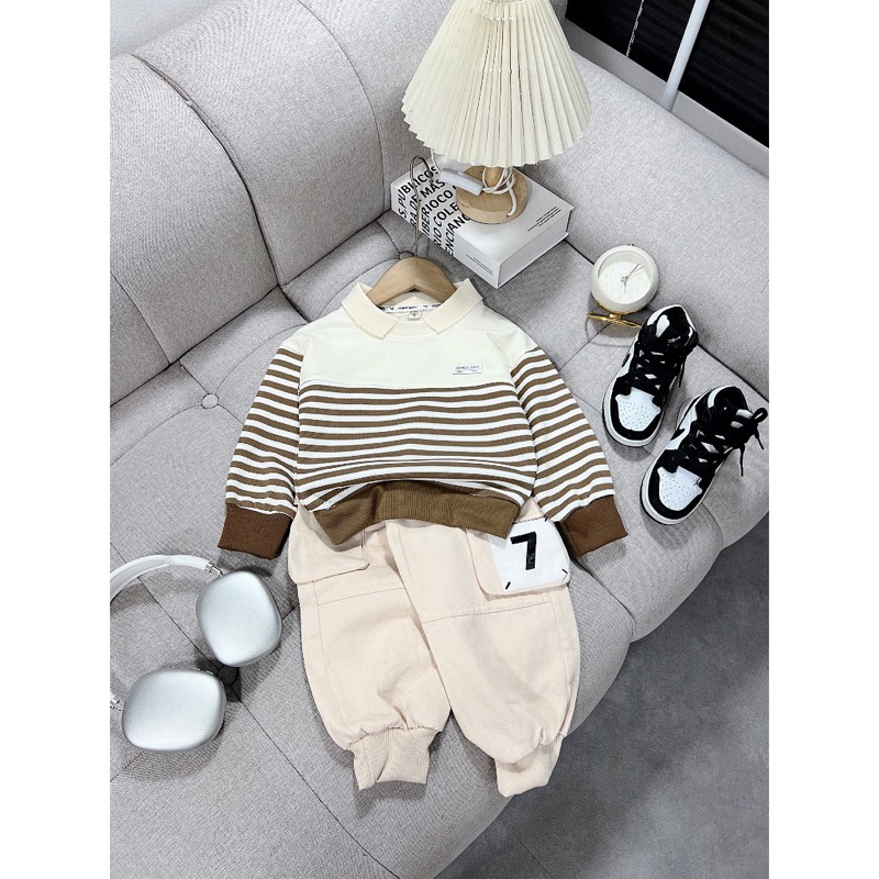 Sét bộ quần áo bé trai dài tay thu đông phối quần kaki dài mềm