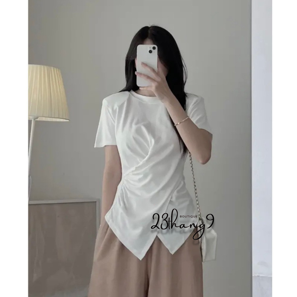 Áo thun tay ngắn , Áo thun ôm body xoắn eo cổ tròn vạt chéo thun gân phong cách Hàn Quốc mát mềm mịn đi chơi 23thang9