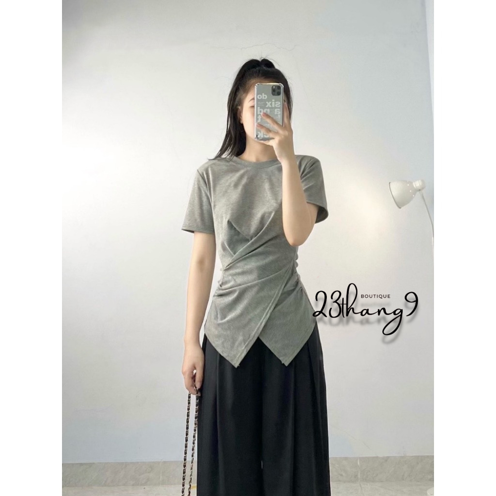 Áo thun tay ngắn , Áo thun ôm body xoắn eo cổ tròn vạt chéo thun gân phong cách Hàn Quốc mát mềm mịn đi chơi 23thang9