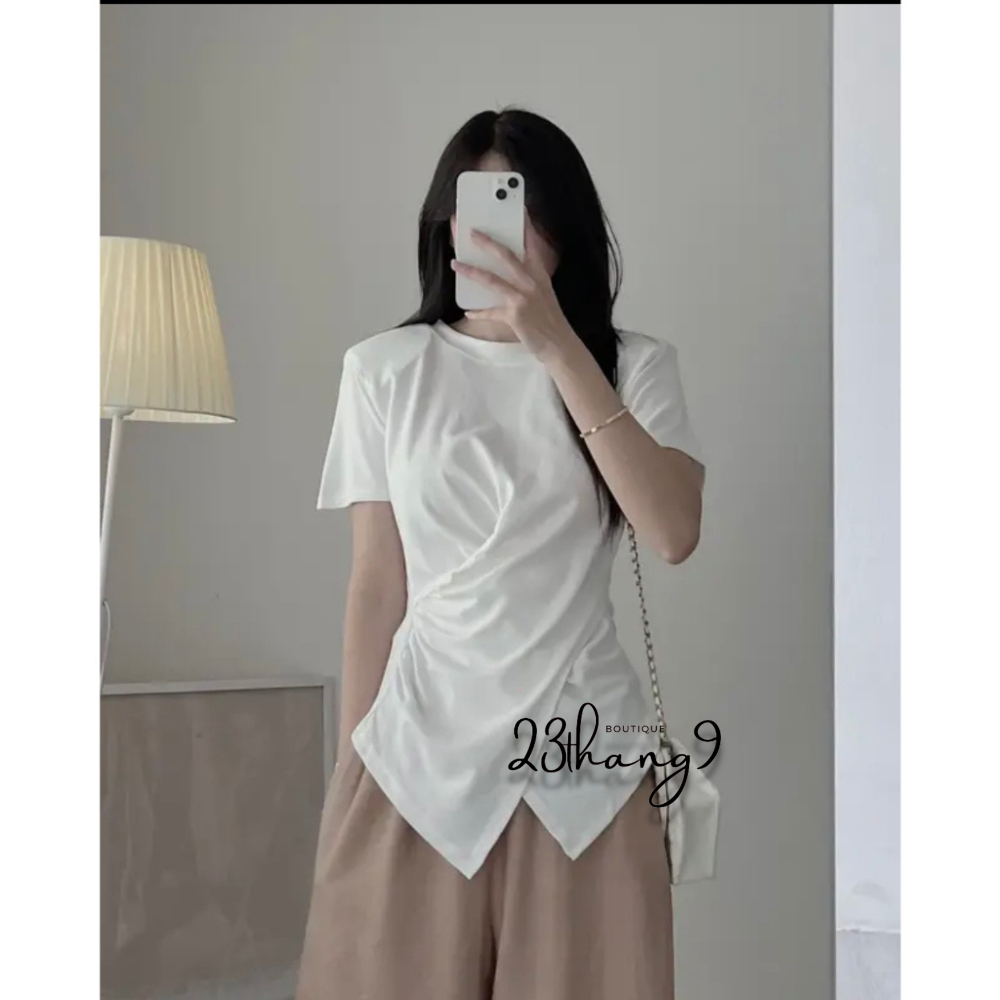 Áo thun tay ngắn , Áo thun ôm body xoắn eo cổ tròn vạt chéo thun gân phong cách Hàn Quốc mát mềm mịn đi chơi 23thang9