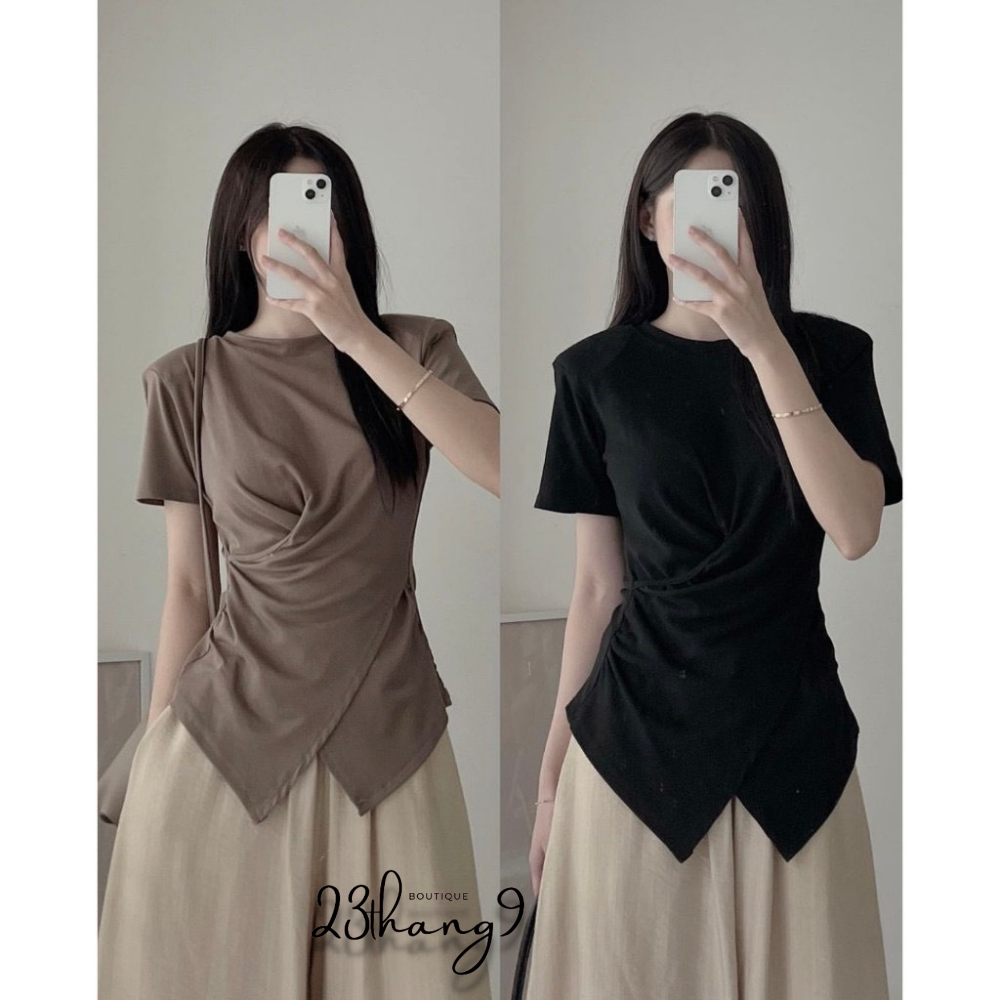 Áo thun tay ngắn , Áo thun ôm body xoắn eo cổ tròn vạt chéo thun gân phong cách Hàn Quốc mát mềm mịn đi chơi 23thang9