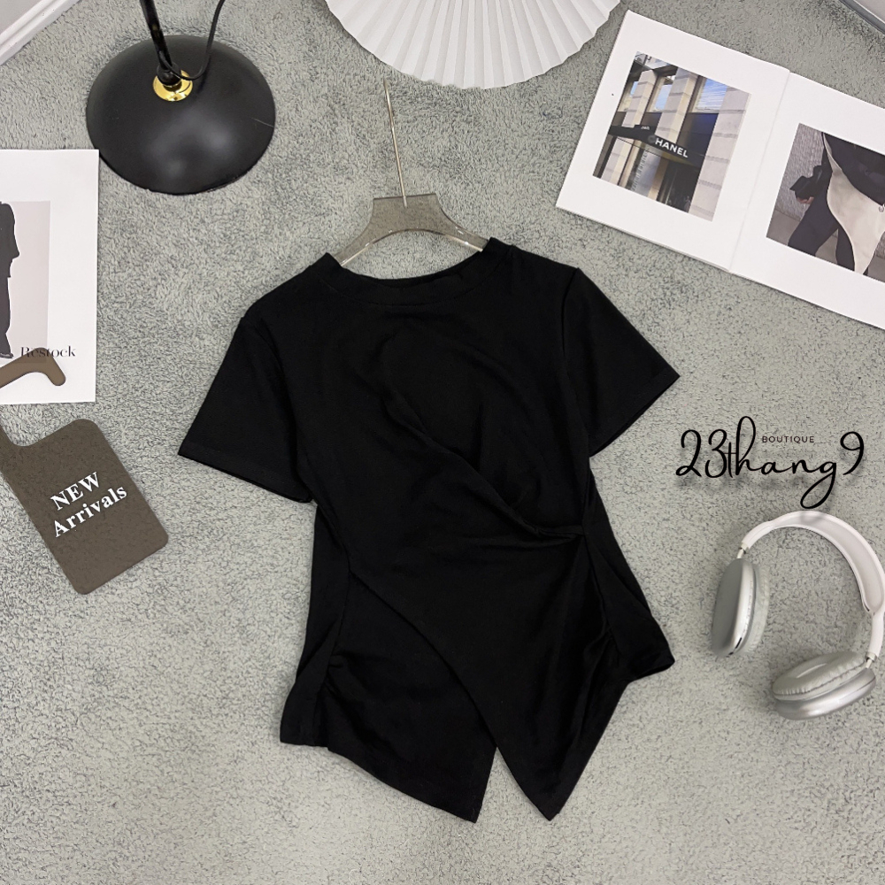 Áo thun tay ngắn , Áo thun ôm body xoắn eo cổ tròn vạt chéo thun gân phong cách Hàn Quốc mát mềm mịn đi chơi 23thang9