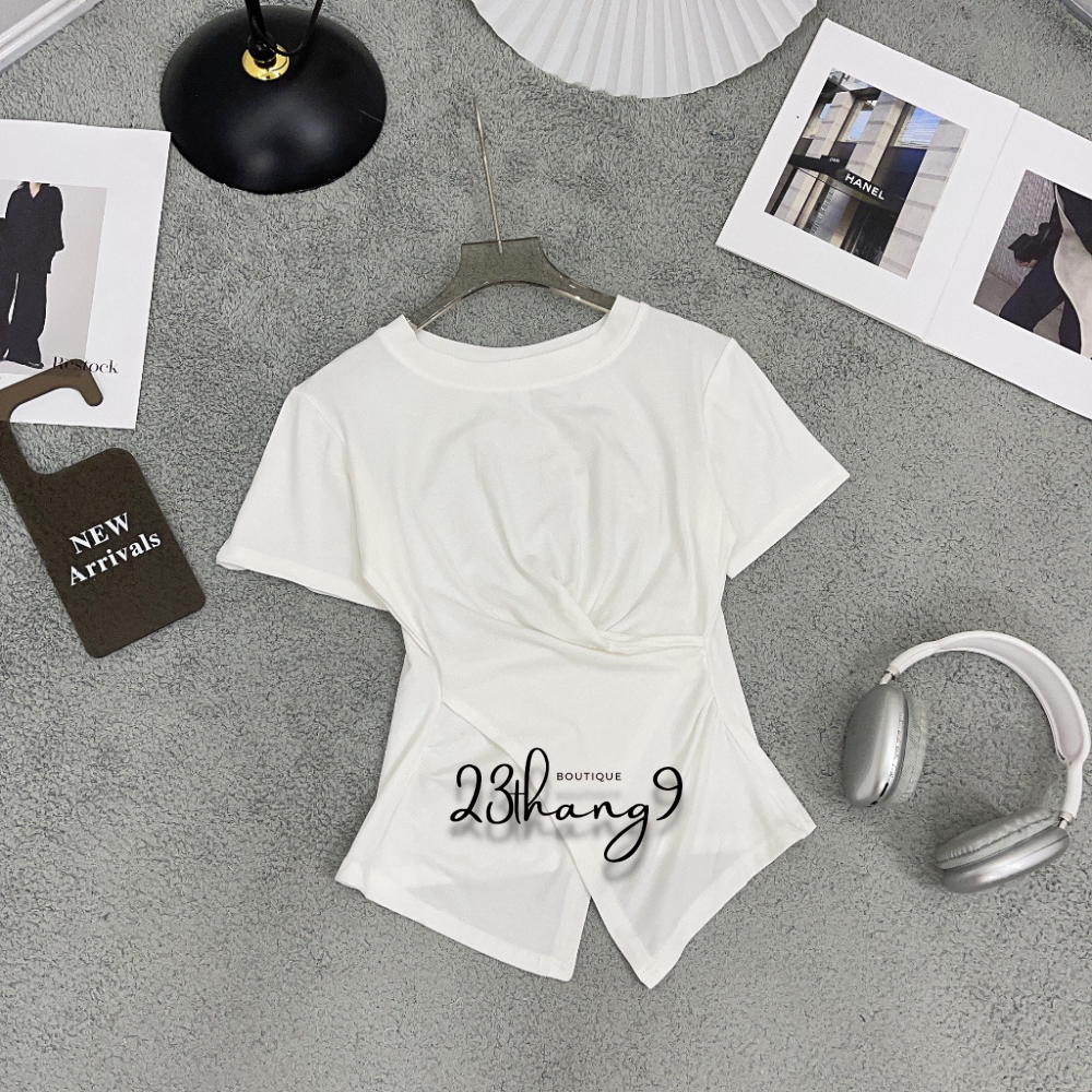 Áo thun tay ngắn , Áo thun ôm body xoắn eo cổ tròn vạt chéo thun gân phong cách Hàn Quốc mát mềm mịn đi chơi 23thang9