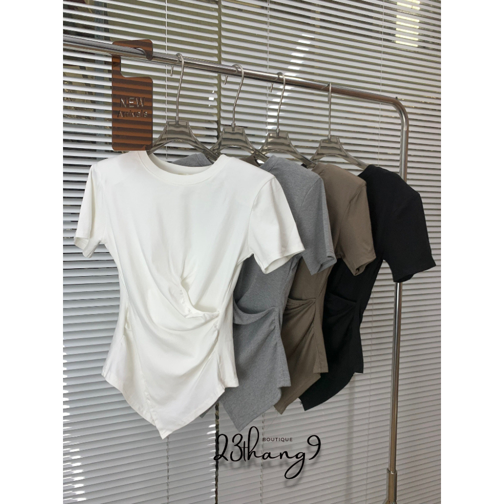 Áo thun tay ngắn , Áo thun ôm body xoắn eo cổ tròn vạt chéo thun gân phong cách Hàn Quốc mát mềm mịn đi chơi 23thang9