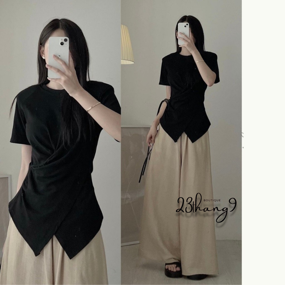 Áo thun tay ngắn , Áo thun ôm body xoắn eo cổ tròn vạt chéo thun gân phong cách Hàn Quốc mát mềm mịn đi chơi 23thang9