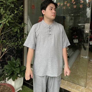 Đồ lam nam đi chùa, Quần áo lam Phật tử nam đi chùa mẫu nam ba nút Linen
