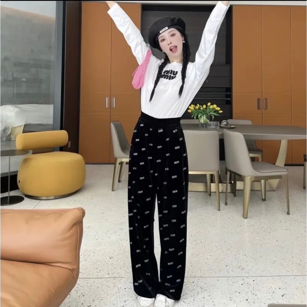 Quần Suông Nhung Lưng Cao Đính Nhũ Chữ Lấp Lánh Siêu Sang-XMNP