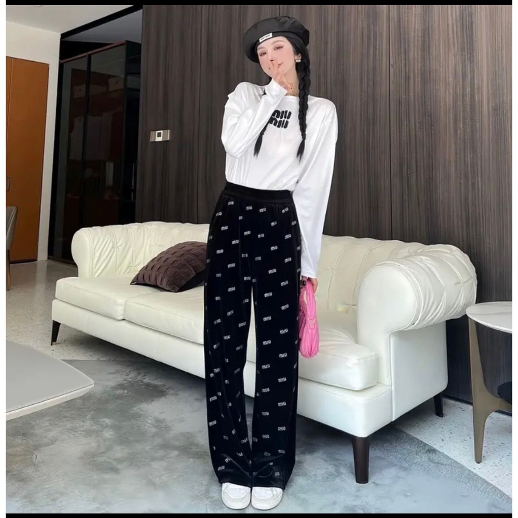 Quần Suông Nhung Lưng Cao Đính Nhũ Chữ Lấp Lánh Siêu Sang-XMNP