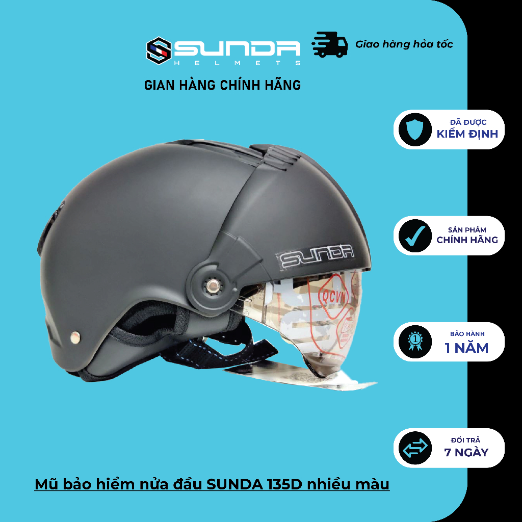 Nón bảo hiểm nửa đầu SUNDA 135D nhiều màu - giấu kính tháo lót