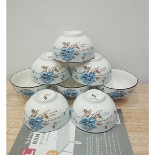 Combo 10 chén, 5 chén sứ hoa hồng xanh A85, chén cơm sứ trắng 11cm, chén chấm trắng 8.5cm