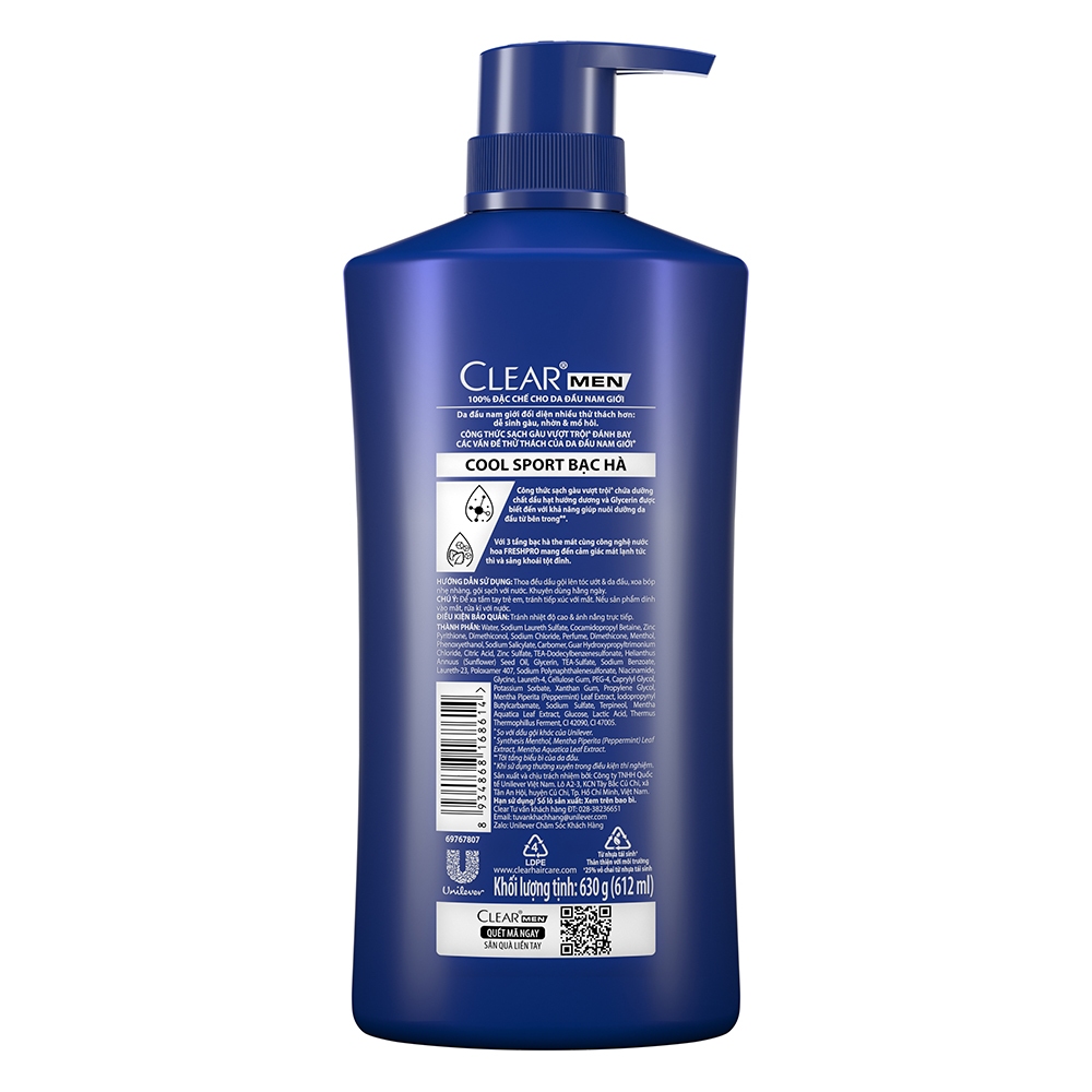 Dầu Gội Đầu Clear Men Deep Cleanse Than Hoạt Tính Đánh Bay Gàu, Ngứa Và Dưỡng Tóc Khỏi Khói Bụi 880g/900g