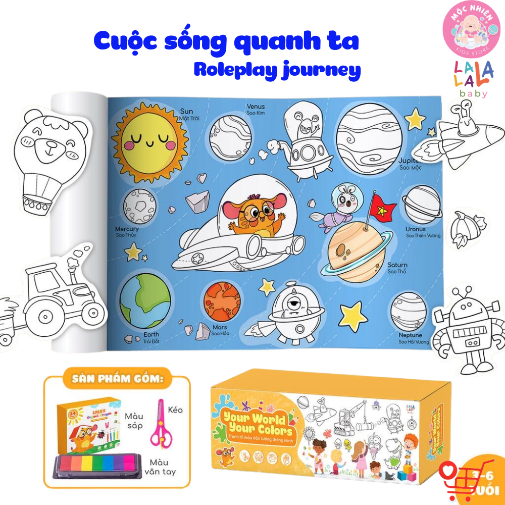 Cuộn Tranh Tô Màu Dán Tường Cỡ Lớn Kèm 24 Màu Sáp Hữu Cơ, Màu Vân Tay và Kéo An Toàn Cho Bé - Lalala Baby
