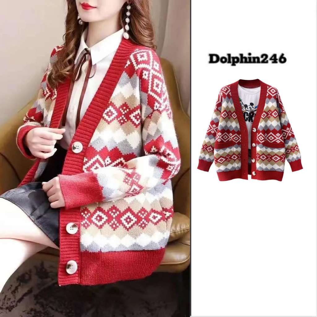 Áo khoác len đỏ cardigan dệt kim cổ V cúc giữa áo giáng sinh noel tết nổi bật form dáng rộng Hàn Quốc M289 E2-8