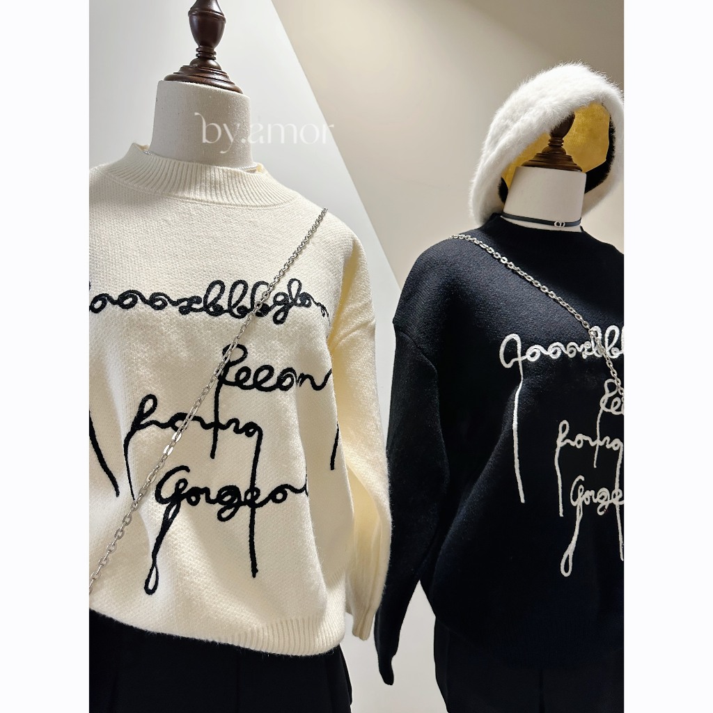 Áo Len Thêu Chữ Cổ Tròn Dài Tay Dày Dặn