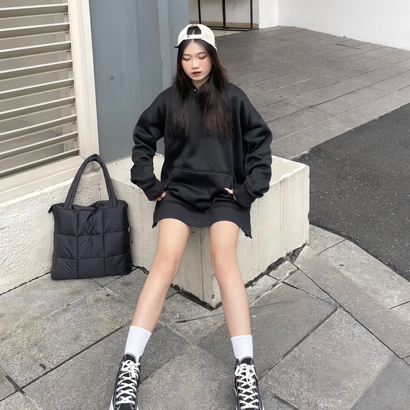 Áo hoodie button đen unisex-áo nỉ trơn phối mũ form rộng Local brand