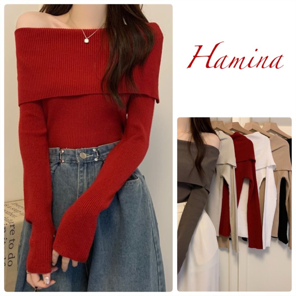 Áo Len Trễ Vai Tay Dài Hamina, Áo Len Cực Xinh Hàng Quảng Châu