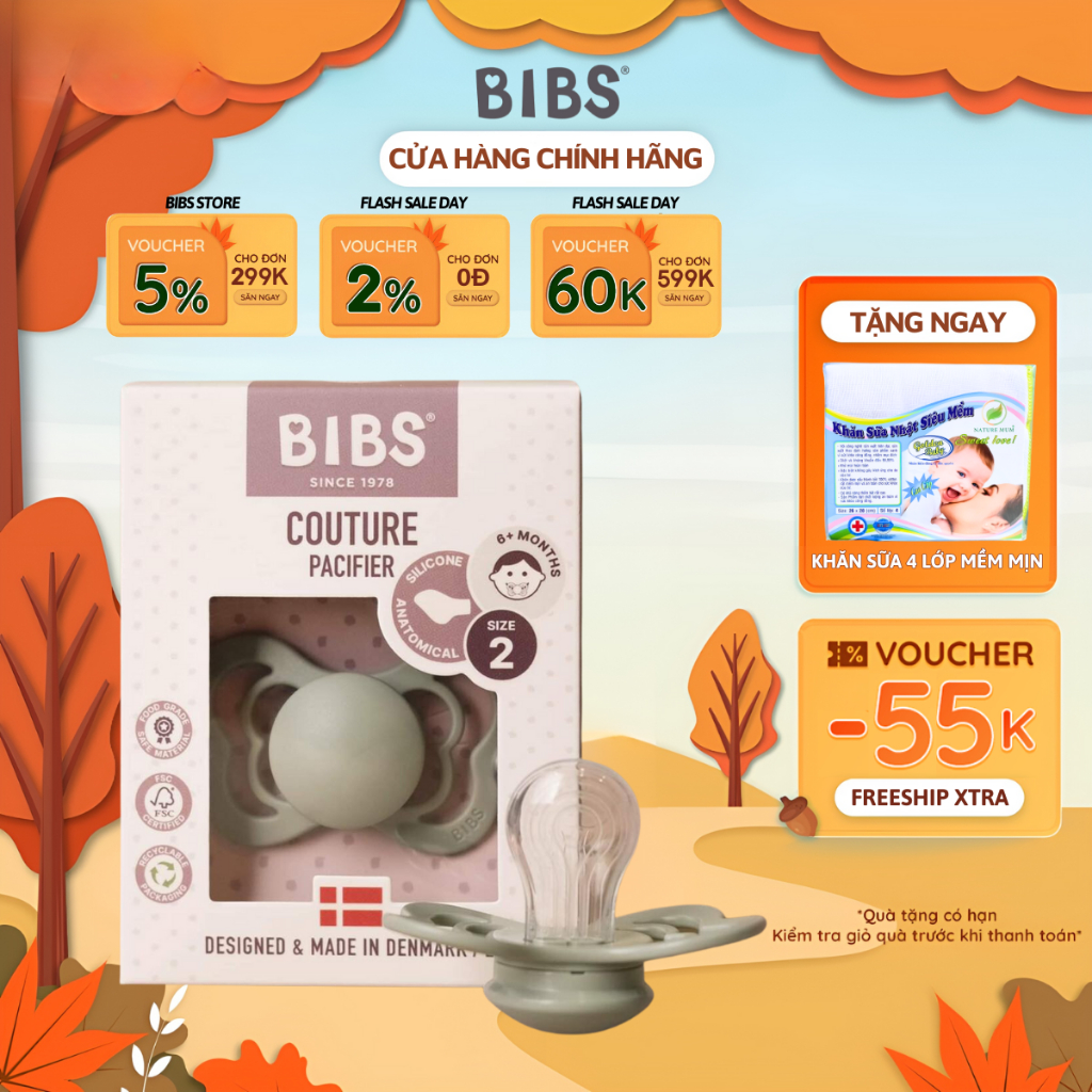 Ti Giả BIBS Couture, Núm Ti Giả Cho Bé Ngậm Hỗ Trợ Chỉnh Nha Đầu Dẹt Silicon Mềm Mại Cho Bé Từ 0-6 Và Trên 6 Tháng