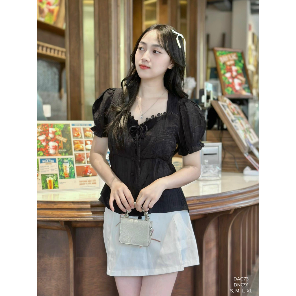 Áo xốp croptop nút bọc tay chun nơ ngực phong cách bánh bèo dể thương CHIBEST DAC73