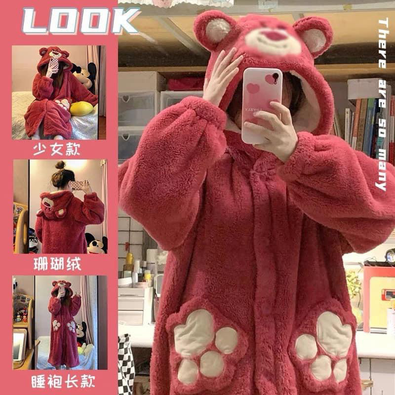 Bộ ngủ áo choàng lông ấm mùa đông korea